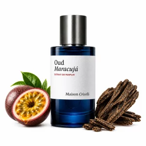 Decant de Oud Maracujá de Maison Crivelli, perfume nicho en formato muestra con notas de maracuyá, oud, cuero y ámbar en atomizador portátil.