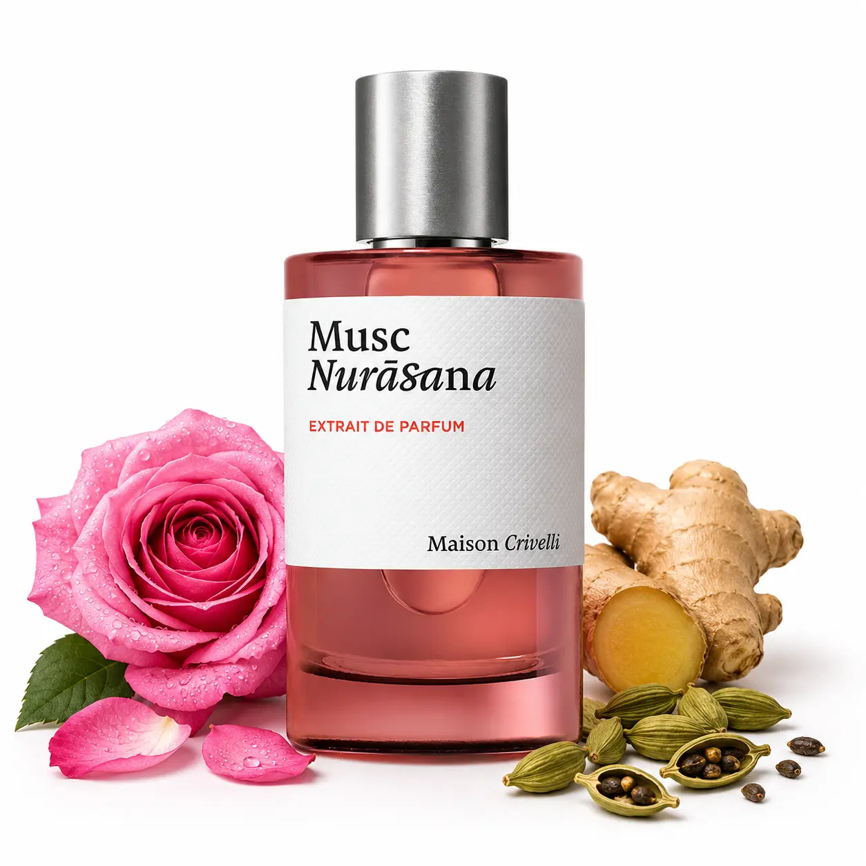 Decant de musc nurasana de Maison Crivelli, perfume nicho en formato muestra con notas de maracuyá, oud, cuero y ámbar en atomizador portátil.